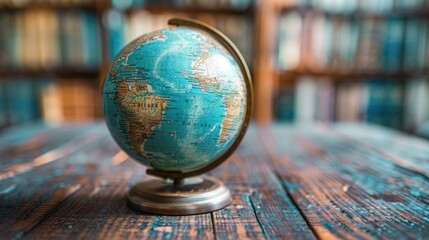 A vintage-looking globe sits on a wooden table in a library.