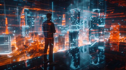 Poster - In the virtual space, a futuristic architect interacts with an Augmented Reality Hologram 3D City, showing ESG Data and Green Energy Statistics, and Big Data Analysis of Reusable Materials.