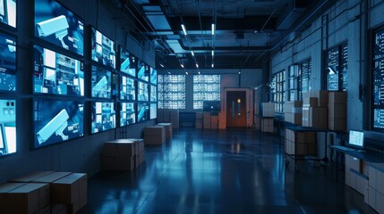 Poster - Several screens show video footage of a postman delivering a package to a particular location inside a business. High-tech security and data protection mock-up. Computer screen replacement template.