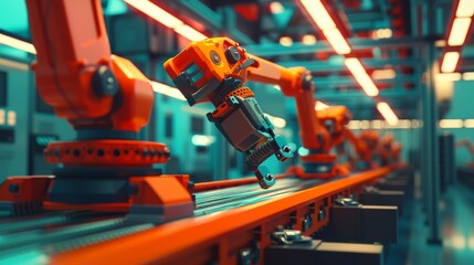 Poster - The 3D rendering shows a robot arm conveyor line which manufactures industrial electronic devices. A high-tech assembly line using advanced automation and artificial intelligence for the information