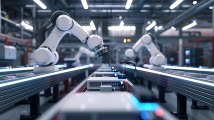 Poster - high angle shot with ai assembly line building high-tech products for technology manufacturers using