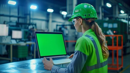 Poster - An engineer using a laptop computer with a green screen mock up display at an electronics manufacturing plant. Machines are monitored online and AI robots are operating.