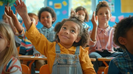 Poster - classroom with diverse children listening to the teacher ask a question and raising their hands to r
