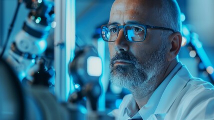 Poster - An intelligent middle-aged engineer watches and analyzes the conditions in a modern electronics factory utilizing mobility robots with artificial intelligence
