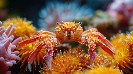 Wall Mural - A bright orange crab with white spots sits on a bed of orange and yellow coral. 