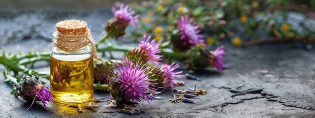 Sticker - milk thistle essential oil. Selective focus