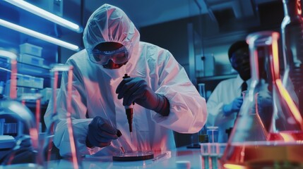 Poster - the scientists in the coverall are conducting a study in a high level secure laboratory. the chemist