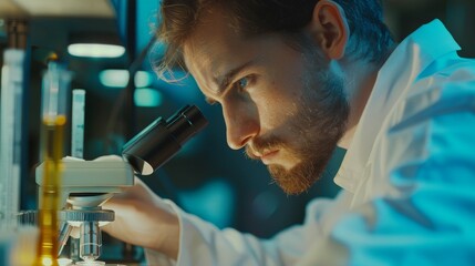 Poster - This is an overhead view of a scientist looking into a microscope. The scientist is conducting experiments in a modern laboratory with the help of his colleagues.