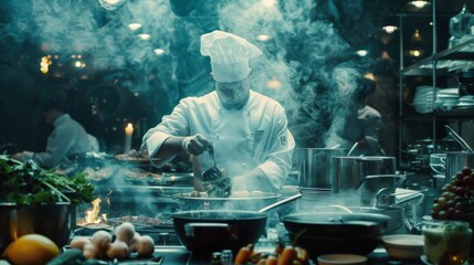 Wall Mural - The famous chef works in a restaurant kitchen, full of food, vegetables, and boiling dishes. He is testing out different flavors.