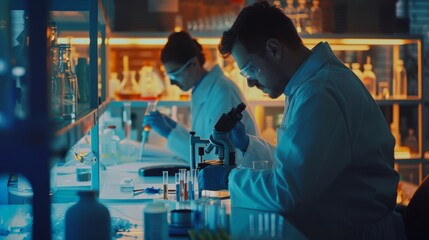 Poster - Scientists at the University of Michigan are working on a new generation of disease cures. They use microscopes, test tubes, micropipettes, and they record the results of the analysis. The laboratory