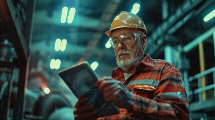 Poster - In a factory, a senior engineer uses a tablet computer.