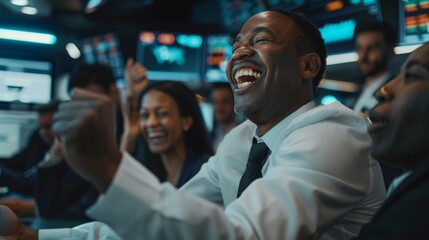 Canvas Print - An ethnic team of traders sells and buys stocks on the market in a profitable transaction at the stock exchange office.