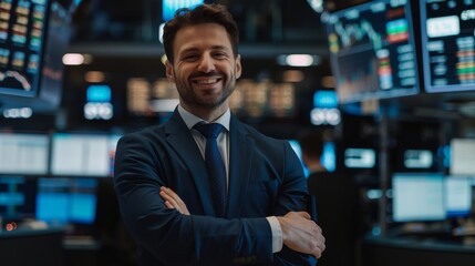 Poster - An experienced male stock trader crosses his arms and smiles at the camera. In the background, a busy stock exchange office is occupied by traders, brokers and dealers selling and buying bonds.