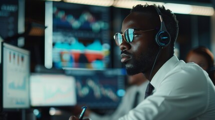 Poster - Stock Exchange Firm Office Broker Using a Headset and His Multi-Ethnic Team is Busy Selling and Buying Bonds and Shares. Displays Show Relevant Charts and Numbers.