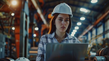 Poster - Various metalwork project parts lie on the floor behind the female industrial engineer wearing a hard hat in a heavy industry manufacturing factory.