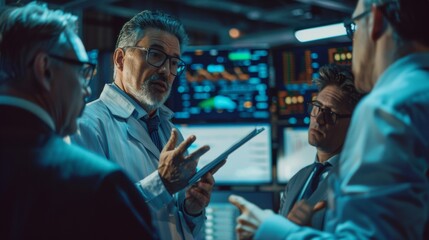 Poster - Three experienced stock traders discussing business, consulting documents, and arguing over data. Office is adorned with displays with infographics and numbers.