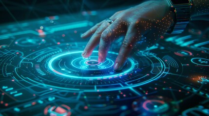 Poster - On the table, the hand presses the finger on a tablet or smart phone's touch screen. A smartwatch is held. Future smart technology abstract concept.