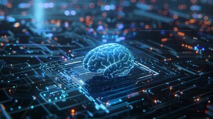 Poster - a blue background with artificial intelligence, a brain, a circuit board, conductors, pads, and neur
