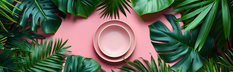 Wall Mural - A minimalistic top down view of millennial pink paper background with an empty plate placeholder surrounded by vibrant green tropical palm leaves Perfect for your text or design ideas A visually appe