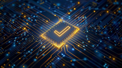 Poster - An electronic printed circuit board style gold check mark for the future of cybersecurity