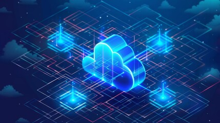 Poster - Uploading and downloading data from cloud storage. Background in technology, Vector