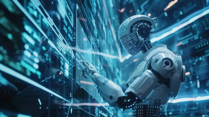 Poster - Robot humanoid using a virtual HUD interface in augmented reality. Robot with plastic face presses virtual keyboard buttons and works with virtual holographic interface.