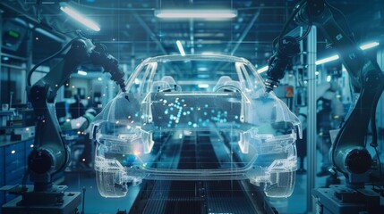 Poster - Welding is carried out on the assembly line of a car using robotic arms in a factory. On the assembly line, industrial robotic welders weld the car body together.