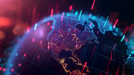 Canvas Print - The image features a digital globe with a stock market graph superimposed over it. The background is a dark blue with red and blue lights scattered around