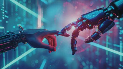Poster - Robotic hand touches human hand. Represents connection and interaction between people and artificial intelligence. Hands with index fingers, a symbol of progress, future technology, and Industrial