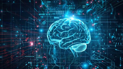 Poster - With letters AI, this banner represents artificial intelligence or robotic brains. The background features machine learning technology.