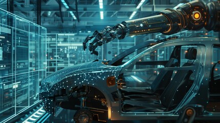 Poster - Work on car factory or manufacturing line. Robotic hand attaches windshield or glass on car body. Industrial automation production of automobiles.