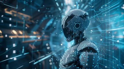Poster - The Intelligent Robotic Cyborg. Industry 4.0 concept. Wise cyborg with advanced artificial intelligence working on abstract hud virtual interface.