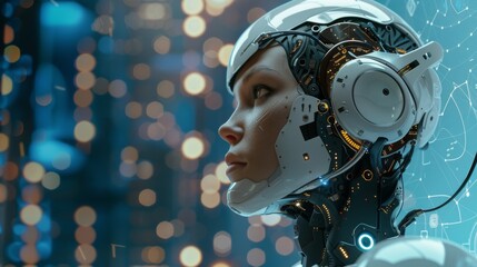 Poster - A humanoid robot or cyborg with artificial intelligence, looking sideways. A cable connects the head to the supercomputer. Beautiful robotic woman with an artificial face looking up.