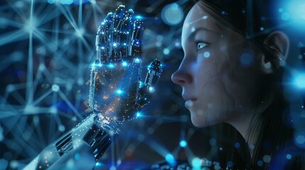 Poster - Robot woman holding a robotic arm in her palm. Industry 4.0 concept. Industrial process automation using artificial intelligence.