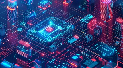 Poster - Business data are analyzed and optimized by artificial intelligence. Isometric modern illustration. Banner.