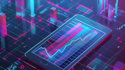Poster - An infographic chart used to analyze trends and financial strategy on an isometric mobile phone. Concept illustration using moderns.