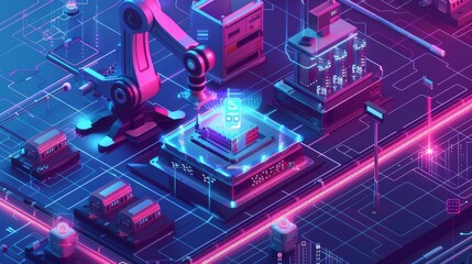 Poster - A robotic arm with artificial intelligence controls the production line on a smart factory. Cybernetic artificial intelligence automates the production process and communicates with the robotic arms.