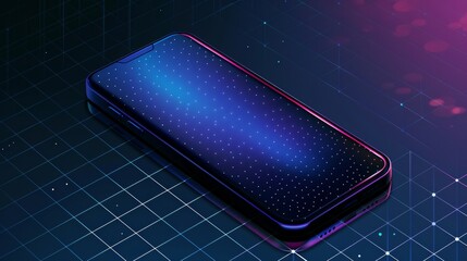 Canvas Print - Black smart phone lying on a dark blue surface with a reflection on its screen in perspective. Realistic modern illustration of isometric smartphone.