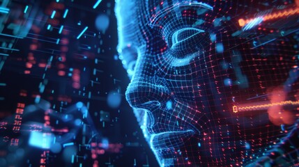 Cyber face looking at hud graphic interface. Artificial intelligence abstract concept banner. Digital mind analyzes data information. AI connection with neural network, solves business tasks.