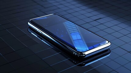 Poster - This is an illustration of a modern glass smartphone hanging over the table with a smooth dark blue surface in perspective view with reflection. This is realistic modern illustration of an isometric