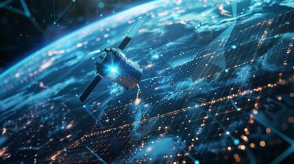 Poster - Communication satellite transmitting data of global internet network or tv via space. A digital signal is broadcasted in space by the satellite.