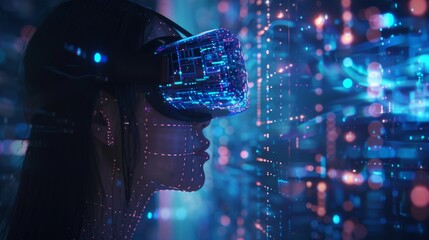 Poster - An abstract interface of augmented reality viewed by a woman wearing a virtual reality headset. Concept of future entertainment technology, virtual reality. Female face profile lit by a 3-dimensional
