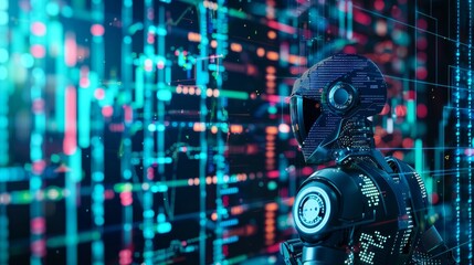 Poster - An artificial intelligence system used for trading on the stock exchange. Computer software for analyzing financial data and business charts. Cyborg traders.