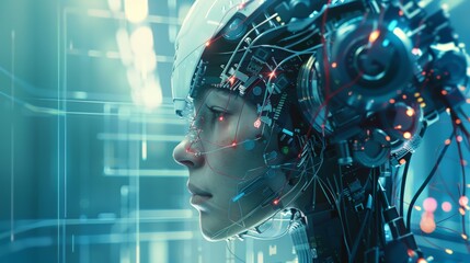 Aufkleber - In the flow of digital information is a robot or cyborg. Beautiful female cybernetic humanoid organism with artificial intelligence.