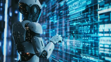 Poster - In a holographic touch screen, the cyborg rear view taps finger on a button, while artificial intelligence looks up at the monitor. A robot with AI stands with back to viewer and works with 3D