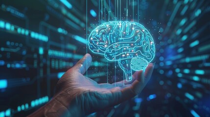 Poster - An electronic brain with gyrus on a circuit board, with an AI logo over the hand. A neon cyberspace icon with a glowing title on a scientist's palm.