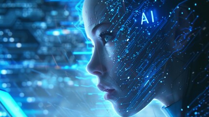 Poster - An artificial intelligence with an attractive face leaning towards a smartphone screen in blue virtual cyberspace is seen in a view taken from a cyborg woman's smartphone.