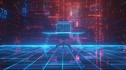 Poster - An employee's laptop is on the table and is connected to the online office. The employee works from home and collaborates with the team as well as clients via the computer network.