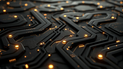 Wall Mural - digital technology background modern cyber tech wallpaper, glowing circuit lines on black motherboard 