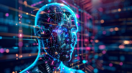 Poster - Programming and Deep Machine Learning of neural networks. Robot Head with cybernetically controlled consciousness. Abstract interface elements.